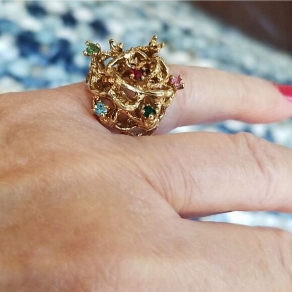 gold plated BRUTALIST RING SET WITH SEMI PRECIOUS STONES!!! GORGEOUS!!! - Picture 1 of 6